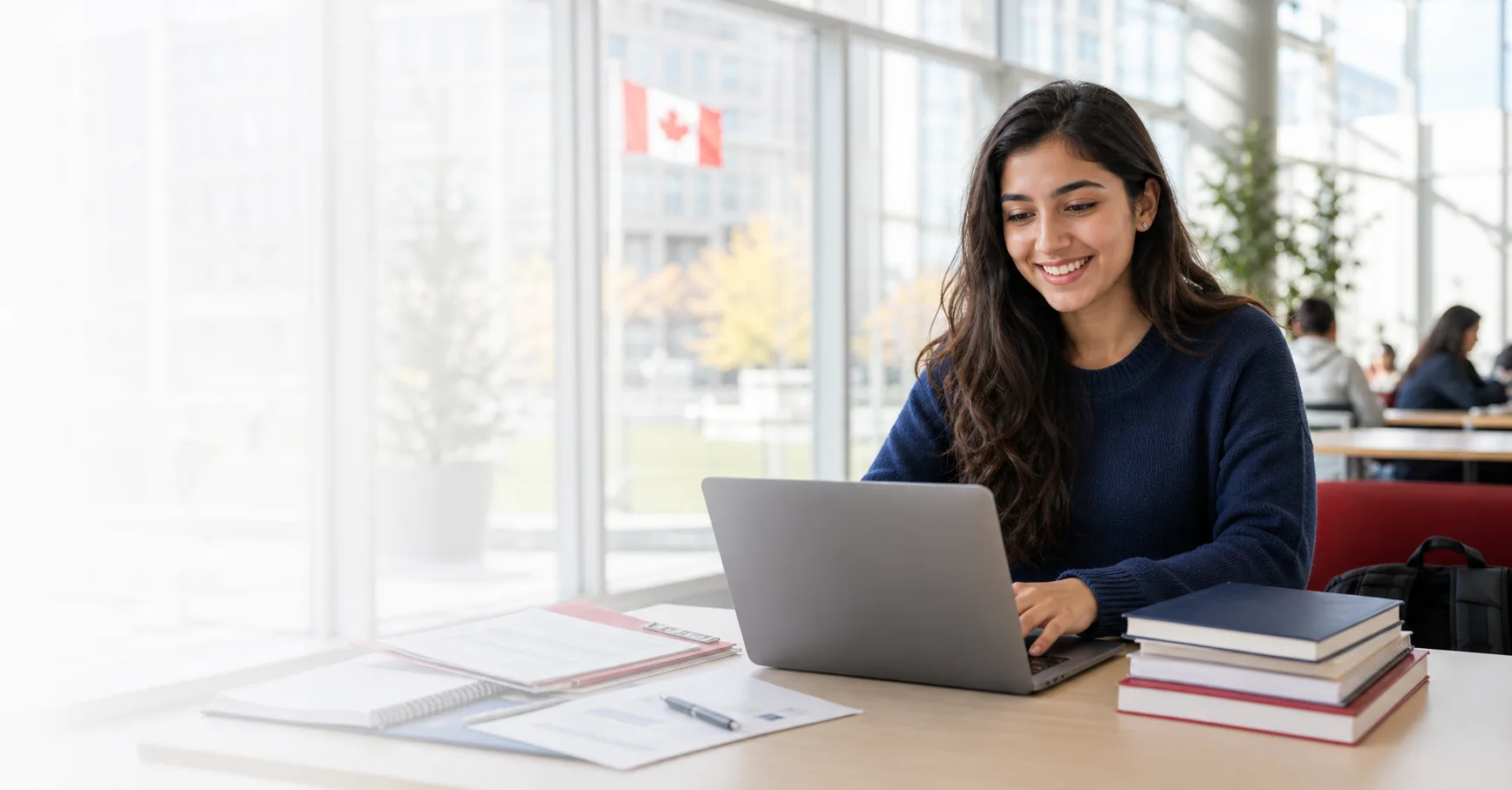 International student studying in Canada with laptop and books